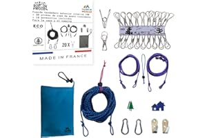 MADE IN NOMAD Rop'in Wood: Cuerda Tendedero Exterior Interior 10 M, con 2 Correas para Árboles, 2 Ganchos, 2 Mosquetones, 10 Pinzas Ropa Inox Irrompibles, Tendedero Pared y Camping Accesorios 2 en 1, Made in France
