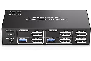 TJCXELE 8K60Hz Displayport KVM Switch 2 Monitores USB 3.0 Conmutador KVM Dual Monitor 4K120Hz DP 1.4 Para 2 Ordenadores que comparten 4 Periféricos USB 3.0 y 2 Monitores Admite Modo Copy & Extend