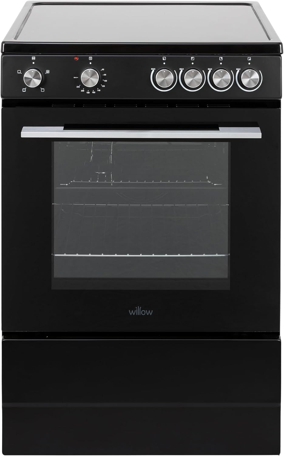 Willow W60CCBLK 68L Freestanding Electric Single Cavity Cooker with 4 Ceramic Hobs, Oven Light, Control Knobs, Easy Clean - Black