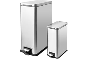 JM ·YIPENG 45L Kitchen Bin + 10L Bathroom Bin, Stainless Steel Bin with Soft Close Lid,Slim Pedal Bin with Removable Inner Bucket for Home,Bathroom,Kitchen,Bedroom,and Office