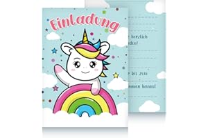 ‎JEAN-PHILIPPE DIETZ Jean-Philippe Dietz® 12 Einhorn Einladungskarte für Kindergeburtstag oder Partys - Kinder Geburtstagseinladungskarten - Einladungen zum Geburstag für Mädchen (Regenbogen)