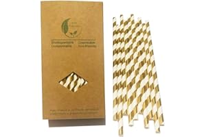 BOFA ECO TABLEWARE 100 Pièces Pailles en Papier Rayé Or et Blanc, Doré Pailles Papier Recyclé Biodégradable pour Anniversaire, Mariage, Noël, Douche de Bébé, Célébration et Fête