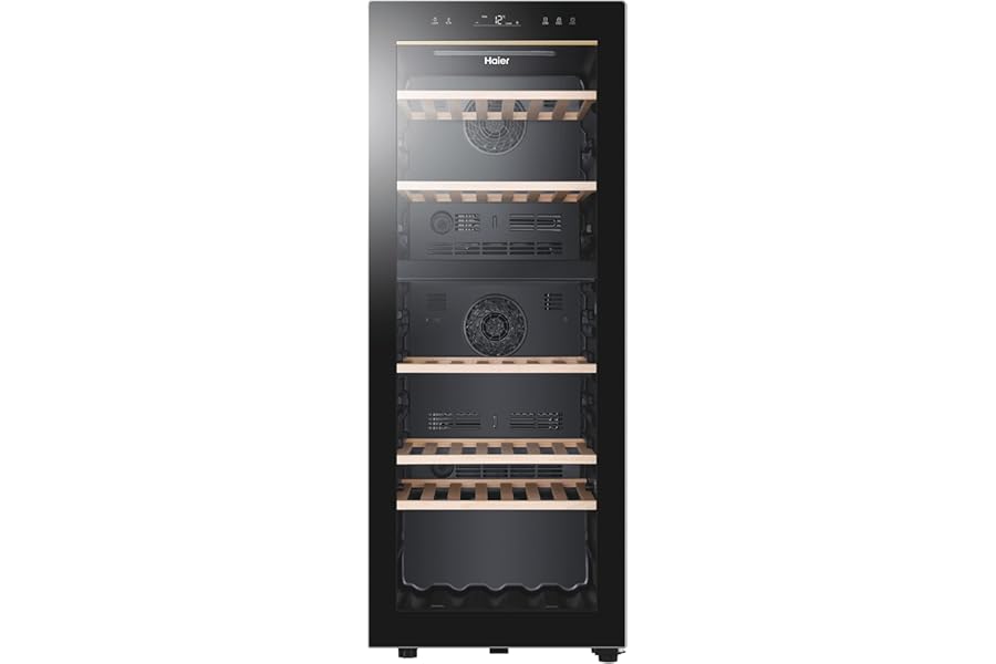 Haier Wine Bank 50 Series 5 Double Temperature Wine Cooler, 79 Bottles, Anti-UV Glass, 3D LED, App Control, Freestanding, Class G, 49.5 x 58 x 127 cm, Black - HWS79GDG