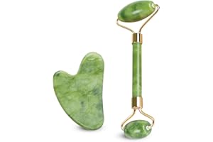 GUAZEN Gua Sha Stone & Jade Face Roller Set- Anti Aging Jade Gua Sha Face Massage Tool for Wrinkles- Eye Roller for Dark Circles and Puffiness- Easter- Organic Face Rollers for Women & Men- Jawline Shaperner