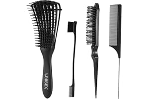 LORSEX Brosse à cheveux démêlante pour cheveux naturels pour cheveux afro 3a à 4c - Cheveux crépus, ondulés, bouclés, avec 3 brosses à toupier - Brosse à double bord et peigne (noir)