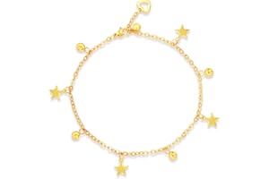 Qings Catenina da Caviglia Oro Donna Uomo Corda Stelle Semplice Cavigliera Acciaio Inossidabile Regolabil Gioiello Estivo,22 + 5 cm Diametro 14k Oro