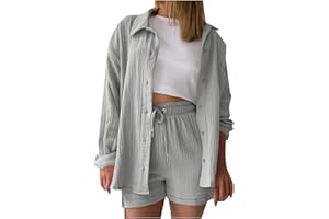Générique Ensemble de Sport 2 Pièces Coton et Lin Pour Femme Couleur Pure Ensemble de Taille Haute Short Avec Cordon et Chemise Boutonnée à Manches Longues Décontractée Survêtement