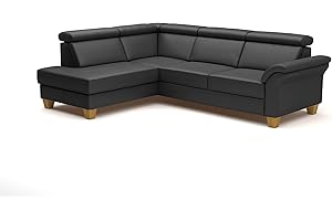 CAVADORE Ammerland Leather Corner Sofa with Ottoman / Country House Sofa with Spring Core + Headboard Adjustment / 245 x 84 x 194 / Leather Black