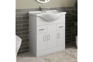 Affine® 750mm Vanity Unit Basin Sink Bathroom Storage Cabinet Cupboard Freestanding, Single Tap Hole Ceramic Wash Basins, Soft Close Doors & Drawers, White Gloss