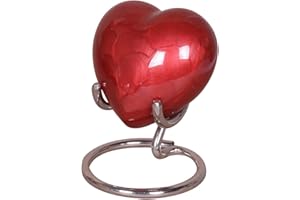 URNSWITHLOVE Mała pamiątkowa urna kremacyjna w kształcie serca na prochy z nową ulepszoną pokrywką, mini urna pamiątkowa z pudełkiem i stojakiem (czerwone aluminium)