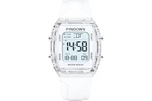 PINDOWS Women's Digital Sport Watch, Clear Transparent Case, Bright LED Light, 5ATM Water Resistant, Stopwatch Alarm Dual Time, Stylish Watch for Active Women&Teens