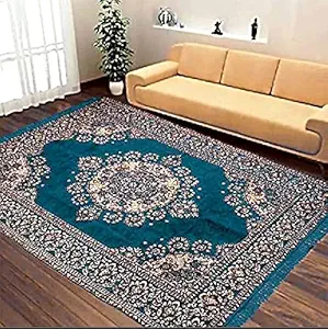 ANKRISH Floral Designer Superfine Exclusive Chenille Yarn Velvet Carpet | 5 Feet x 7 Feet | - Sky Blue