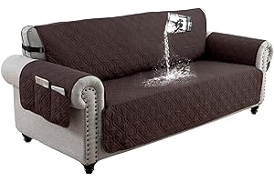 QQJIN 100% Waterproof Sofa Cover 3 Seater, Non-Slip Sofa Slipcover with 6 Side Pocket, Sofa Protector with Adjustable Elastic Strap for Kids, Dogs,Chocolate,3 Seater