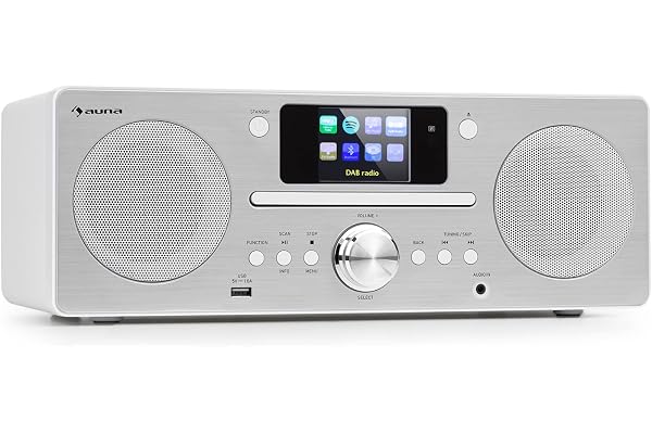 Auna Radio Portable CD, Chaine HiFi, Poste Radio Numérique Dab/Dab+/FM et Streaming, Radio Portables Stéréo LED, Écran TFT, Radio FM, MP3, AUX, Alarme de Réveil, Fixation au Mur, Alimentée au Secteur