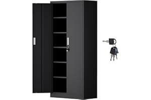 iJINGUR Metal Storage Cupboard with Locking Doors and 5 Adjustable Shelves, Lockable Steel Storage Cabinet for Home Office Garage Kitchen Pantry (Black)