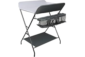 THINFAR Table à langer pliante, table à langer avec panier de rangement, ceinture de sécurité, réglable en hauteur 79 * 55.5 * 96cm (B/Gris-blanc)