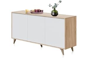duehome | Aparador 3 Puertas, Armario Auxiliar para Salón, Modelo Lira, Acabado en Blanco Artik y Roble Canadian, Medidas: 154 cm (Ancho) x 75 cm (Alto) x 40 cm (Fondo)