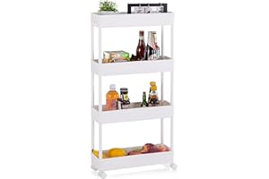 ‎APICIZON APICIZON Rollwagen, Küchenwagen auf Rollen, Nischenregal für Küche mit 4 Ebenen, 40 x 13 x 86.5cm, Rollwagen Schmal für Badezimmer, Waschküche, Schlafzimmer, Büro, Weiss