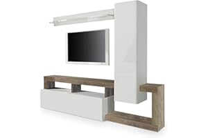 Web Convenienza Parete TV Hamburg Bianco Lucido Attrezzata - Mobile Televisore in Legno con Pensili ad Ante a Ribalta Moderno (1 Pensile, Pero)