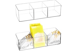 QWORK® 2 Pack Acrylic Tea Storage Box, Acrylic Storage Container for Teabag, Coffee Bags, Coffee Pods, Sweeteners, Sugar and More (3 Compartments)
