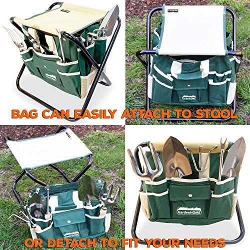 (7in1) GardenHome Gartenwerkzeug Hocker – Klapphocker inklusive 5-teiligem Edelstahl Werkzeug Set – Gratis Tragetasche zur Aufbewahrung der Gartengeräte – rostfrei und sehr robust – perfekte Geschenkidee für Hobby und Profigärtner - 5