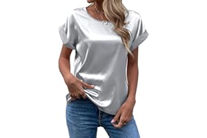 FAWHEWX Seidenhemd Damen Kurzarm Rundhals Satin Hemd Lose Tunika Tops Sommer Frauen Elegant Rundhals Kurzarm Satin Seidenhemd T-Shirt Oberteil EU 2XL