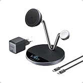Anker Prime Wireless Charger iPhone 3 in 1 Qi2 25W Smart Display | MagSafe Compatible, TEC Active Cooling, Smart Display for
