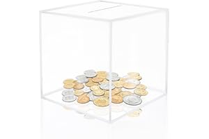 QAZIUY Clear Acrylic Piggy Bank - Square Money Saving Box, 18 x 18 x 18cm