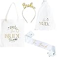The Bride Accessories Set 4pcs - White Veil, Gold Tiara, Sash and Tote Bag Botanical Floral Design Perfect Hen Party Do Glamour Bride to Be