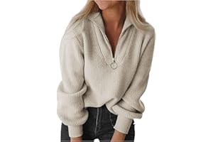 Sanahy Women's Long Sleeve V Neck Lapel Zipper Sweaters Ribbed Knit Pullover Sweater Tops Solid Color Tops Casual Fit Fall Blouse