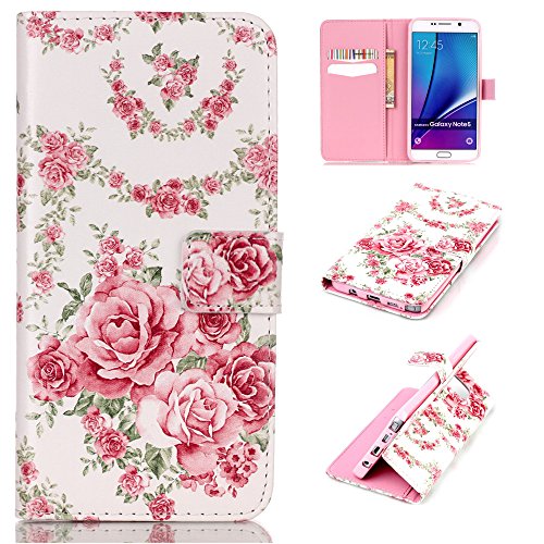Preisvergleich Produktbild CaseHome Samsung Galaxy Note 5 Hülle,Schutzhülle Tasche Leder Mit Kartenfach Magnetverschluss Standfunktion Slim-Schutzhülle Folio Schalen Fall Mit Karten- / Geldscheinfach Für Samsung Galaxy Note 5-Rosa Rosen-Blumen