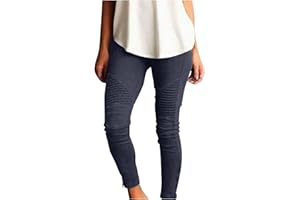 BiCophy Stretchy Jeggings for Women High Waisted Stretch Skinny Moto Biker Leggings with Pockets Comfy Pleated Slimming Pull-On Skinny Jeans Denim Pencil Pants