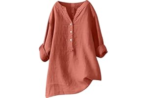 FUNALOE Womens Tops Linen Tops for Women UK Casual Loose Long Sleeve T-Shirt V Neck Cotton Shirt Women Summer Tops Swing Plus Size Button Up Shirt Womens Tunic Tops Solid Color Elegant Tshirt Size 8-22