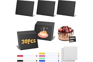BEHIRUCH 30 Stück Kreidetafel Klein, L-Form Preisschilder Aufsteller, 100x75mm Kleine Tafeln zum Beschriften mit 7 Stifte, Praktisches Zubehör für Bäckerei, Café, Hochzeit, Tischkarten, Buffet (Schwarz)