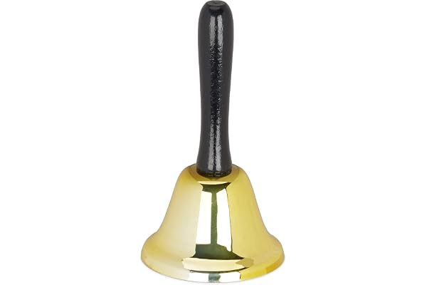 Relaxdays, guldbordsklocka handklocka, högt ljud, trähandtag, skola, reception, juldekoration, järn, 12 cm stor, trä, standard