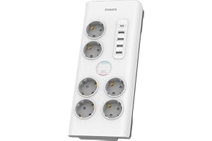 SPN7060WA/10 - Schuko 6-uttagsremsa, Flera kontakter, 4 USB 35W och 1 , Tjuv Förlängning, Barnskydd Överspä