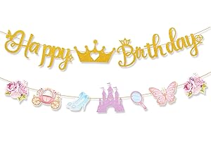 BOXOB Banner Cumpleaños Princesa, Banner Feliz Cumpleaños con Corona Castillo Zapato Cristal Carruaje Decoraciones de Fiesta de Princesas Ensueño para Niñas Hijas Fiestas