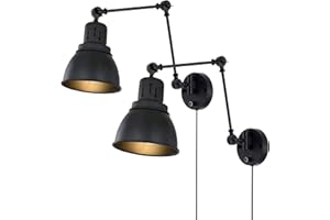 ‎BOBOPAI BoBoPai vintage regulowana lampa ścienna z przełącznikiem, przemysłowa obrotowa lampa ścienna retro z wtyczką, oświetlenie wewnętrzne E27, nadaje się do salonu, sypialni, biura, czarna, 2 sztuki