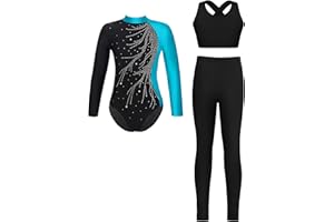 Alvivi Mädchen Turnanzug Glitzer Gymnastikanzug mit Hose Sport BH Tops Langarm Gymnastikbody Turntrikot Gymnastik Kleidung Tanzkostüm