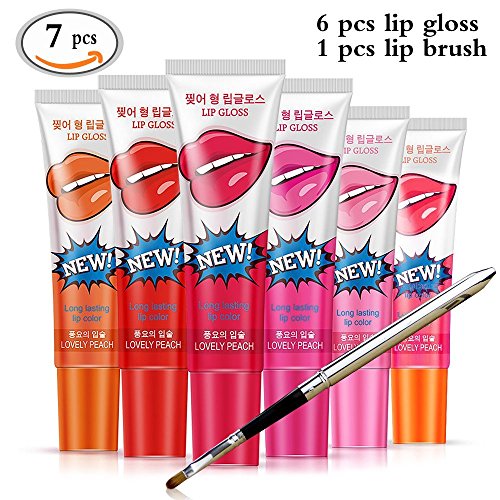 Travelmall 6Pcs Womens Easy Peel Off Long Lasting Makeup Tatto Lip Gloss Lipstick Waterproof Tear Pull Lipstick and 1Pcs lip brush