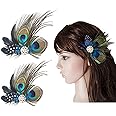 Comidox Set of 2 Butterfly Peacock Feather Hair Clip Pins with Rhinestones, Wedding Dance Party Hair Accessory, Bridesmaid Gift Peacock Accessory