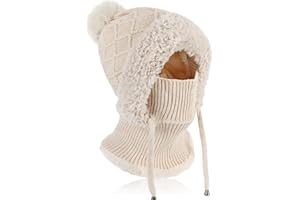 TAGVO Hiver Chaud Tricoté Bonnet Et Ensembles De Cache-Cou, Chapeau d'hiver Bonnet Tricoté Flexible Avec Boule De Poils, Cagoule Polaire Thermique Réglable Balaclava Femme pour Les Sports De Plein Air