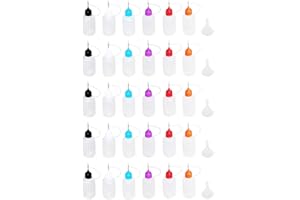 LJY 30 Pcs 30ml Precision Tip Applicator Bottles – 30 Translucent Bottles and 30 Colored Tips, Come with 5 Pcs Mini Funnel for DIY Quilling Craft, Acrylic Painting