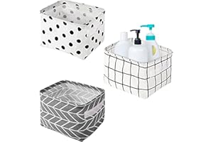 LANJUE 3 Pieces Small Fabric Storage Baskets, Waterproof Bathroom Storage Baskets Collapsible Square Storage Boxes with Handles Shelf Basket Organizer Bins for Bathroom Makeup Cupboards Kitchen