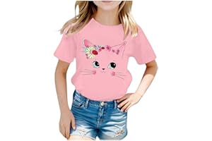 Vuncio Kids T Shirts Girls Age 2-14 Years Cat Funny Graphic Short Sleeve Round Neck Tshirts Teenage Girls Spring Summer Casual Jogging Athletic Cartoon Cute Blouse