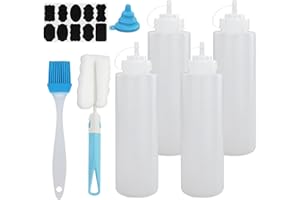 EASYKEENECOM 4 Pcs Bouteille Sauce 1000ml, 32oz Flacon Sauce, Plastique Squeeze Bottle, Réutilisable Bouteille à Sauce avec 1 Brosse de Nettoyage et 1 Autocollants，pour Ketchup Sauces BBQ Huile D'Olive
