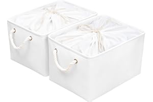 OUTBROS Lot de 2 Paniers de Rangement Pliables, 40x30x26cm Boîtes de Rangement en Tissu, Cubes en Tissu, Organisateur de vêtements, avec cordon de serrage et 2 poignées, Blanc