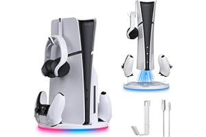 DUEQID Stazione di ricarica con luce RGB per PS5 Slim, supporto di ricarica rapida con doppio controller di ricarica compatibile con PS5 Slim Digital/Disc Edition