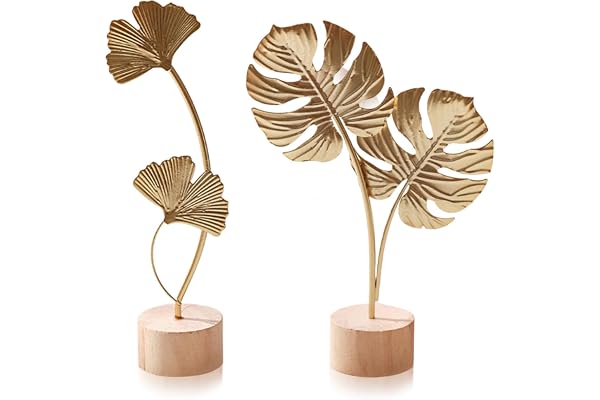 2-pack gulddekorationer i form av ginkgoblad för vardagsrumsinredning, skulpturer i metall föreställande monstera- och ginkgoblad, art déco-dekorationer för hyllor, sovrum och heminredning