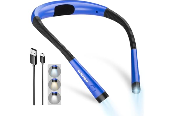 Glocusent Luz de Lectura, Lampara Libro de Lectura Recargable, 3 Colores, 6 Niveles de Iluminación, Brazos Flexibles, Larga Duración, Perfecto para Leer, Tejer, Acampar, Reparar